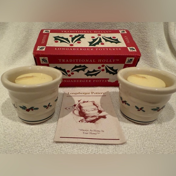 Longaberger Pottery Traditional Holly Votive Cups Candle Holders with Candles - Picture 1 of 4